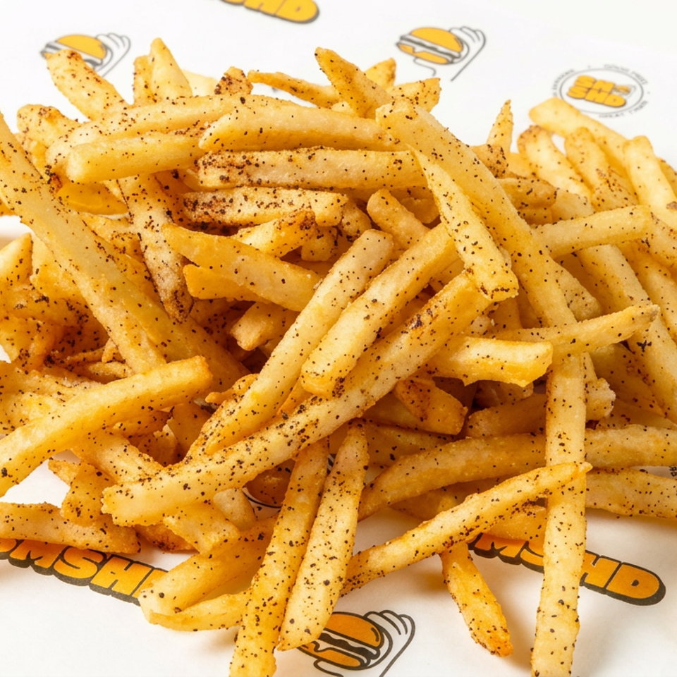 Pile of golden seasoned French fries served on branded SMASH burger paper.