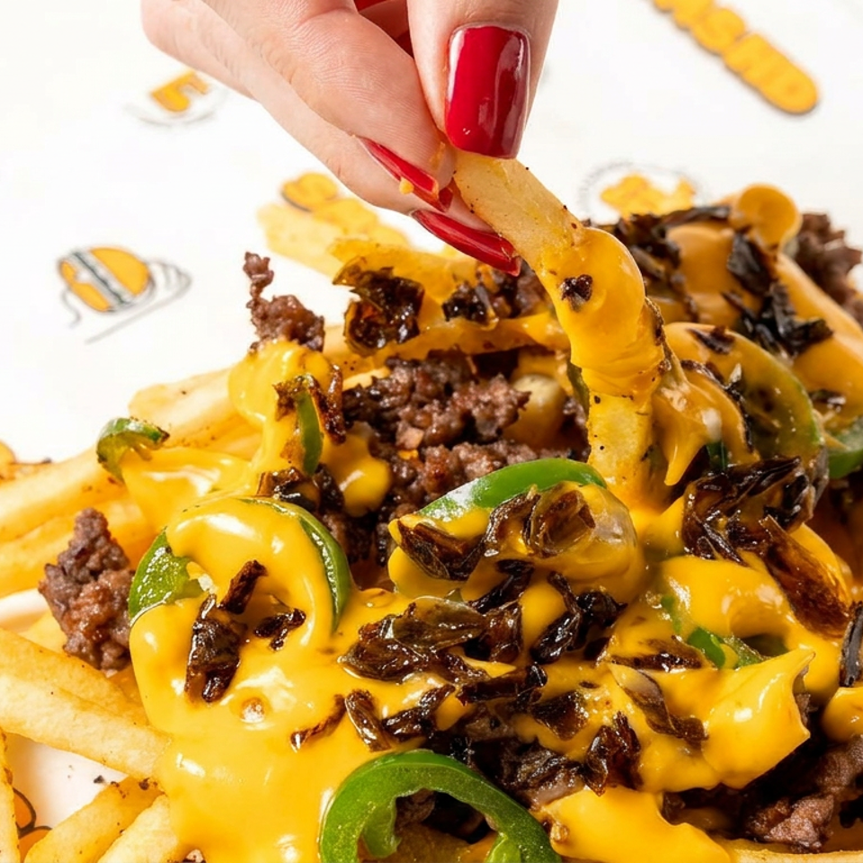 Loaded fries topped with melted cheese, ground beef, green peppers, and crispy onions, while a hand lifts one fry.