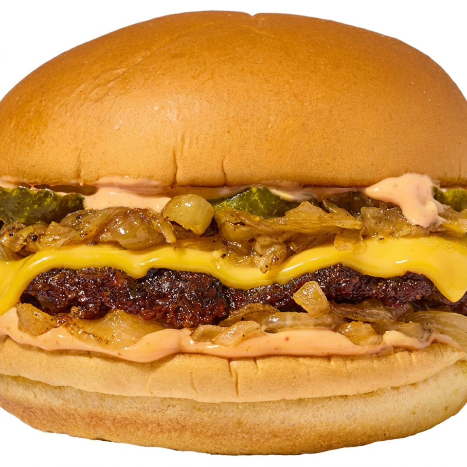 Cheeseburger with a grilled beef patty, melted cheddar, pickles, grilled onions, and creamy sauce on a toasted bun.