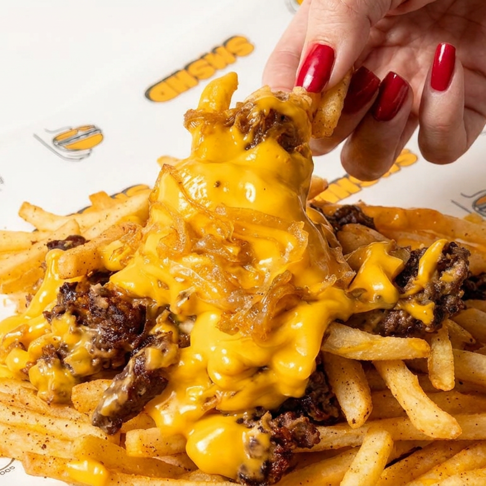 Loaded fries topped with cheeseburger pieces, melted cheddar, and grilled onions, with a hand lifting one fry.