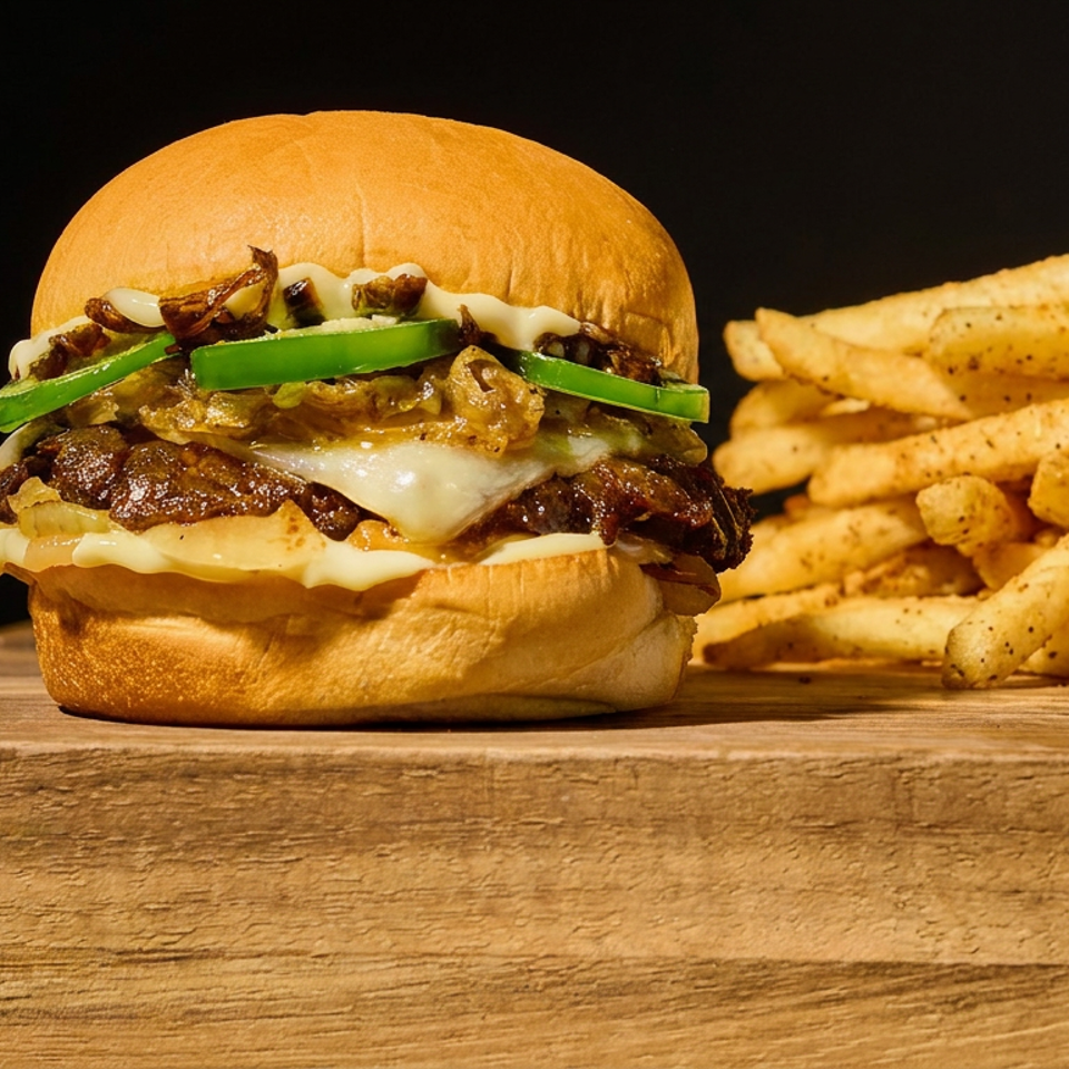 Loaded cheeseburger with grilled onions and green peppers beside seasoned fries on a rustic wooden board.